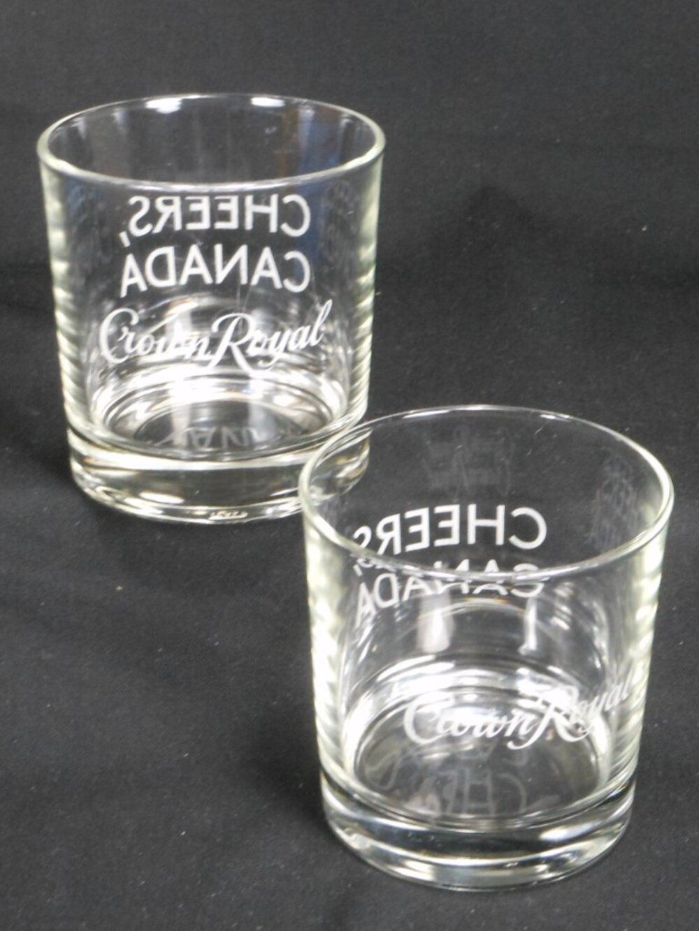 pair of heavy bottom Crown Royal Cheers Canada whisky glasses